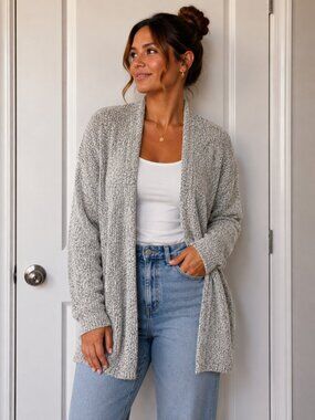 Cozy Open-Front Marled Light Gray Cardigan Sweater